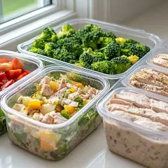 Gotowe pojemniki z jedzeniem na cały tydzień: brokuły, sałatka z kurczakiem i warzywami, pokrojone pomidory, ryż i grillowana pierś kurczaka. To świetny sposób na **meal prep**!