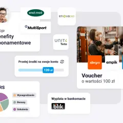 Grafika przedstawia panel z benefitami: logo MultiSport, voucher, wykres TRS i opcję przelewu środków.