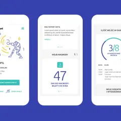 Trzy ekrany aplikacji mobilnej MultiSport: profil użytkownika, nagrody i wykorzystane wejścia.