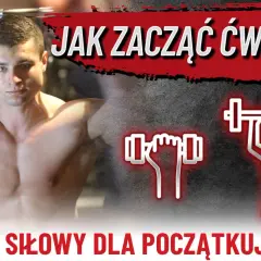 Młody mężczyzna z sztangą, grafiki symbolizujące trening. Jak zacząć ćwiczyć? Siłownia plan treningowy dla początkujących.