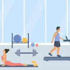 Wiesz, ile kosztuje multisport dla osoby towarzyszącej? W siłowni kobieta ćwiczy jogę, a mężczyzna biega na bieżni.
