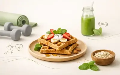Zdrowe gofry fit z owocami, jogurtem i miodem, obok zielonego smoothie, hantli i maty do ćwiczeń. Idealne śniadanie dla aktywnych.