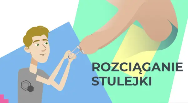 Ilustracja pokazuje, jak rozciągać napletek za pomocą specjalnego przyrządu. Młody mężczyzna z uśmiechem na twarzy trzyma narzędzie, które delikatnie naciąga skórę.