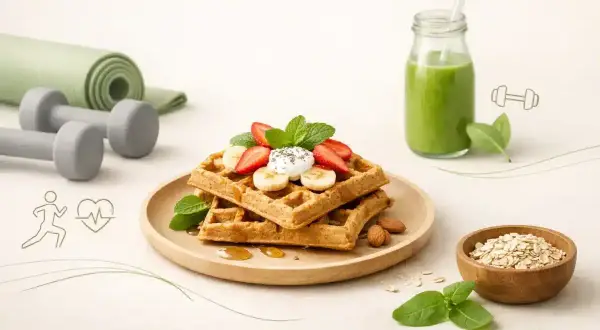 Zdrowe gofry fit z owocami, jogurtem i miodem, obok zielonego smoothie, hantli i maty do ćwiczeń. Idealne śniadanie dla aktywnych.