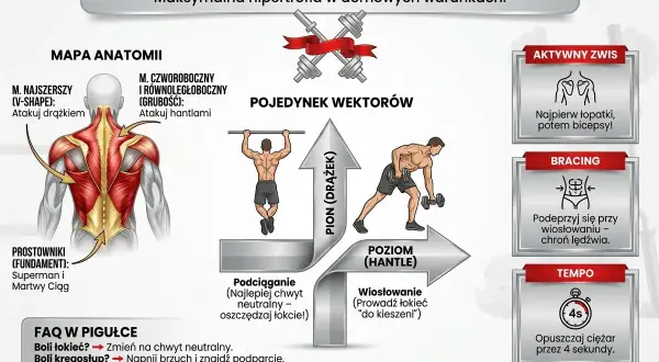 Plan treningowy w domu: ćwiczenia na plecy z drążkiem i hantlami. Anatomia mięśni, technika podciągania i wiosłowania, aktywne zwisy, bracing i tempo.
