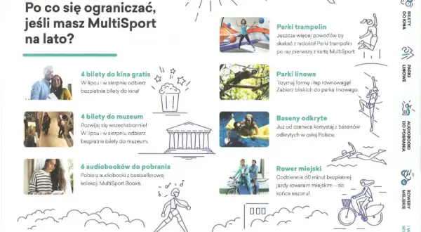 Karta MultiSport oferuje kino, muzea, parki trampolin i linowe, baseny, rowery miejskie i audiobooki. Dowiedz się, jak działa karta MultiSport, by cieszyć się latem bez ograniczeń!