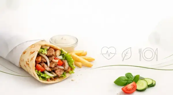 Czy kebab jest zdrowy? Na zdjęciu soczysty kebab z warzywami, frytki i sos. Obok symbole zdrowia i diety.