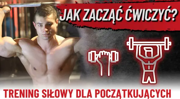 Młody mężczyzna z sztangą, grafiki symbolizujące trening. Jak zacząć ćwiczyć? Siłownia plan treningowy dla początkujących.