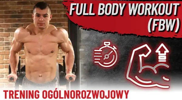 Mężczyzna na siłowni wykonuje ćwiczenie. Grafika sugeruje trening całego ciała (FBW plan) i postęp.