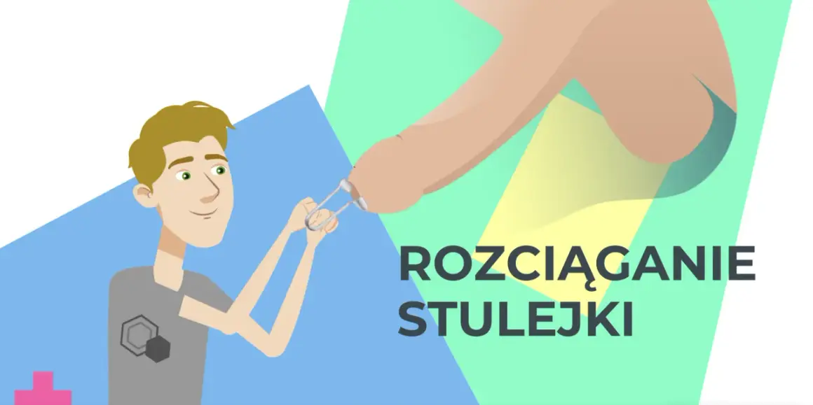 Ilustracja pokazuje, jak rozciągać napletek za pomocą specjalnego przyrządu. Młody mężczyzna z uśmiechem na twarzy trzyma narzędzie, które delikatnie naciąga skórę.