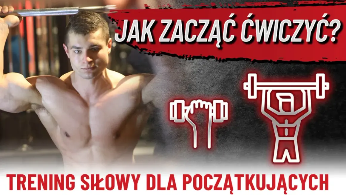 Młody mężczyzna z sztangą, grafiki symbolizujące trening. Jak zacząć ćwiczyć? Siłownia plan treningowy dla początkujących.