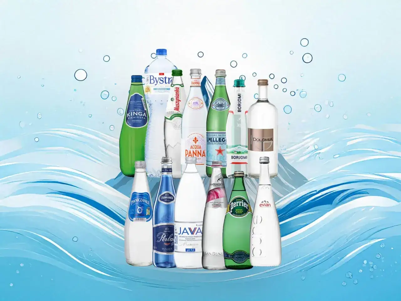 Woda mineralna na falach: Bystra, Kinga Pienińska, Muszynianka, Acqua Panna, San Pellegrino, Borjomi, Dolomia, Piwniczanka, Cisowianka, Perla, Java, Perrier, Evian – wybierz najlepszą wodę mineralną dla siebie.