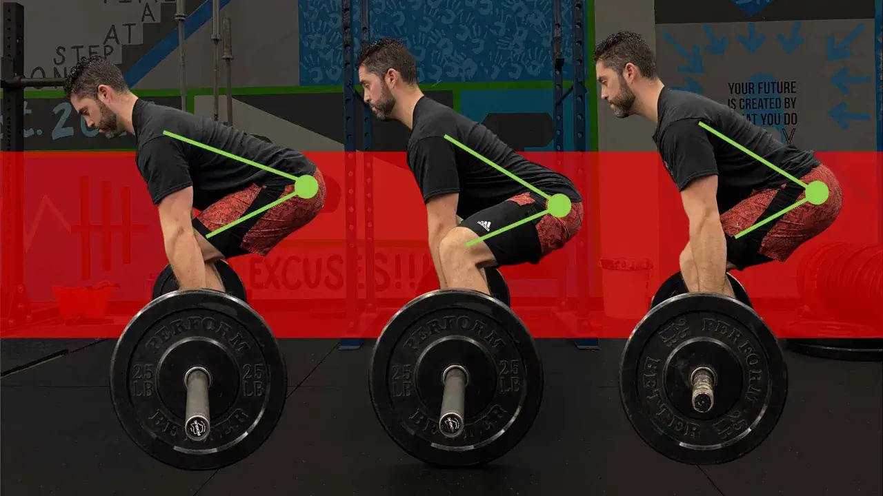 Trzy fazy ćwiczenia trap bar deadlift z zaznaczonymi kątami bioder i pleców.