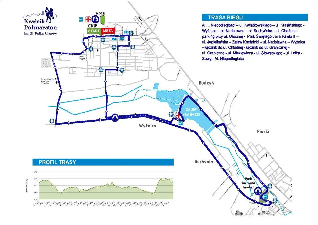 Mapa trasy Kraśnik Półmaraton, która ma 21 km. Trasa biegnie przez miasto, parki i tereny nad zalewem.